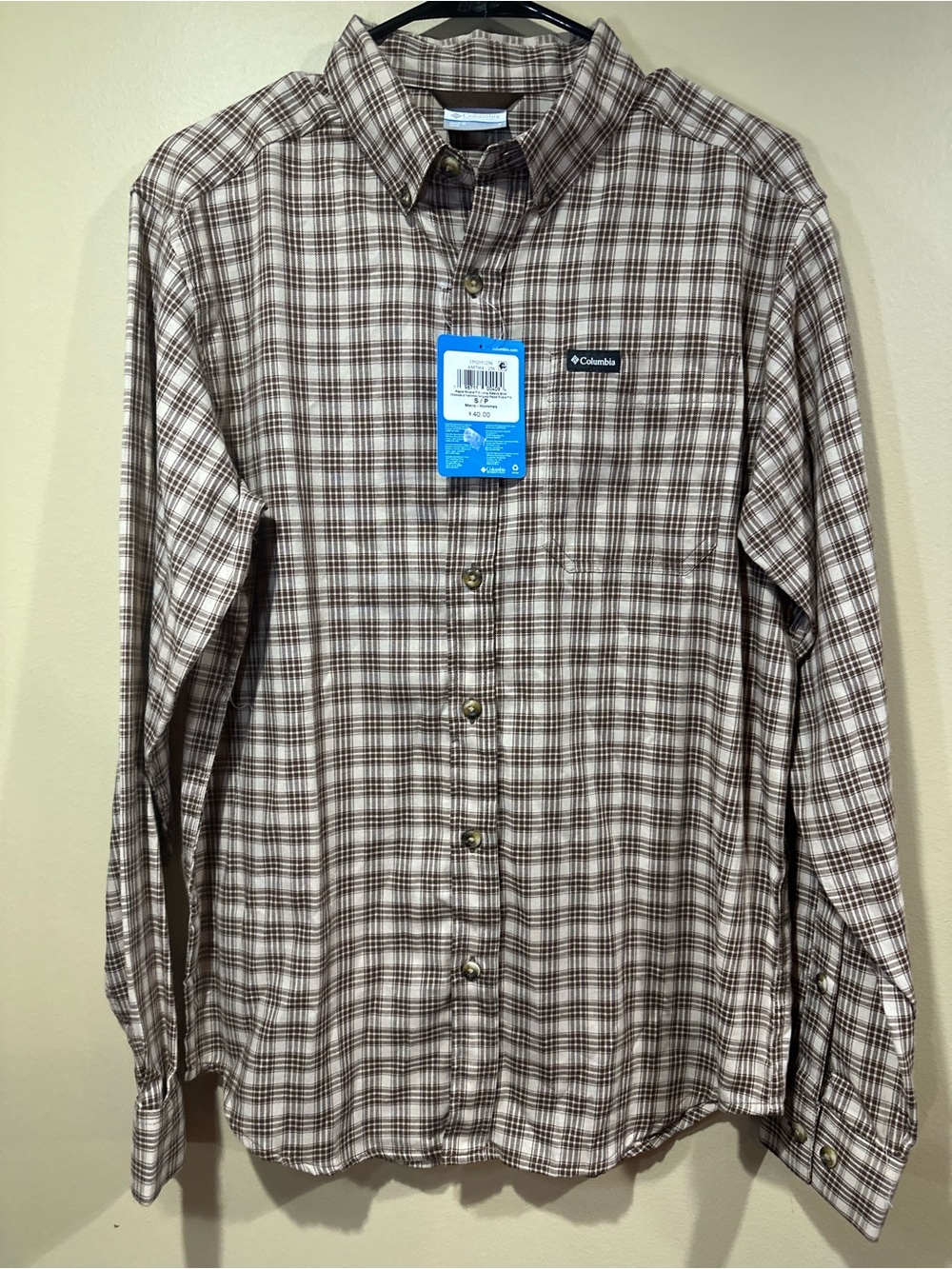 Columbia Men's Beige and Brown Plaid Long-Sleeve Button-Down Shirt